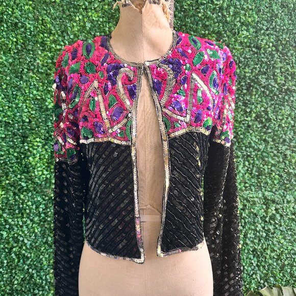 Womens Vintage Silk & Sequin Bolero Jacket 80s 90s Medium Party Time Club - Picture 1 of 6